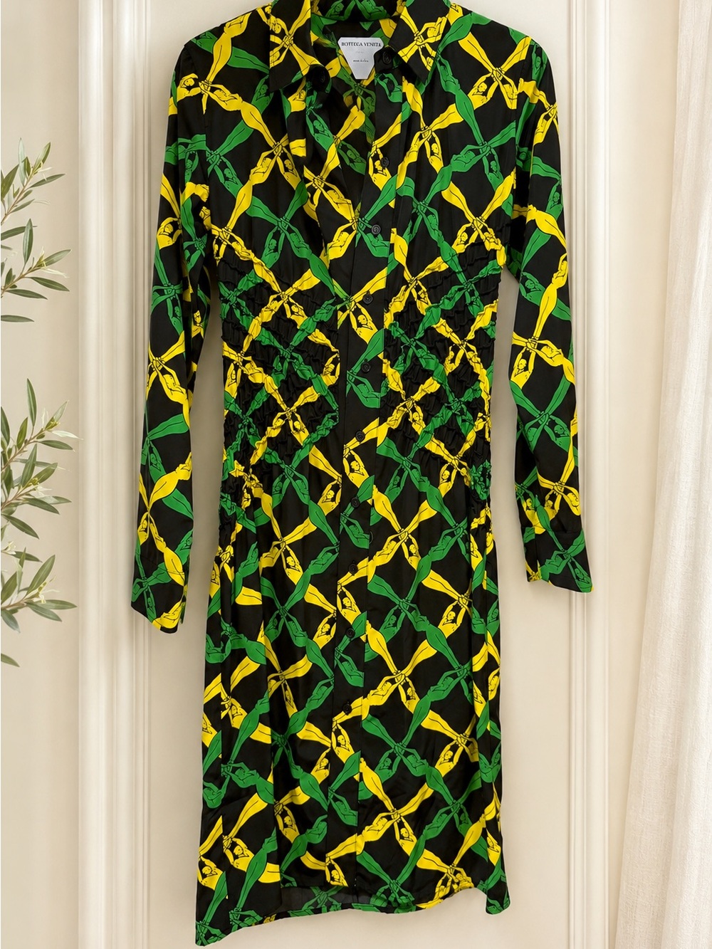 Bottega Veneta Black Yellow Green Printed Fantasia Shirtdress Size 36 0
